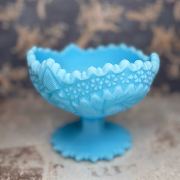 Vintage Fenton Blue Satin Glass Pedestal Compote Bowl Signed Estate - Picture 4 of 11